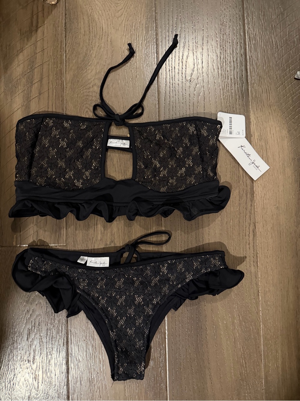 Black Lace Ruffle Bandeau Bikini Set - Women's Swim